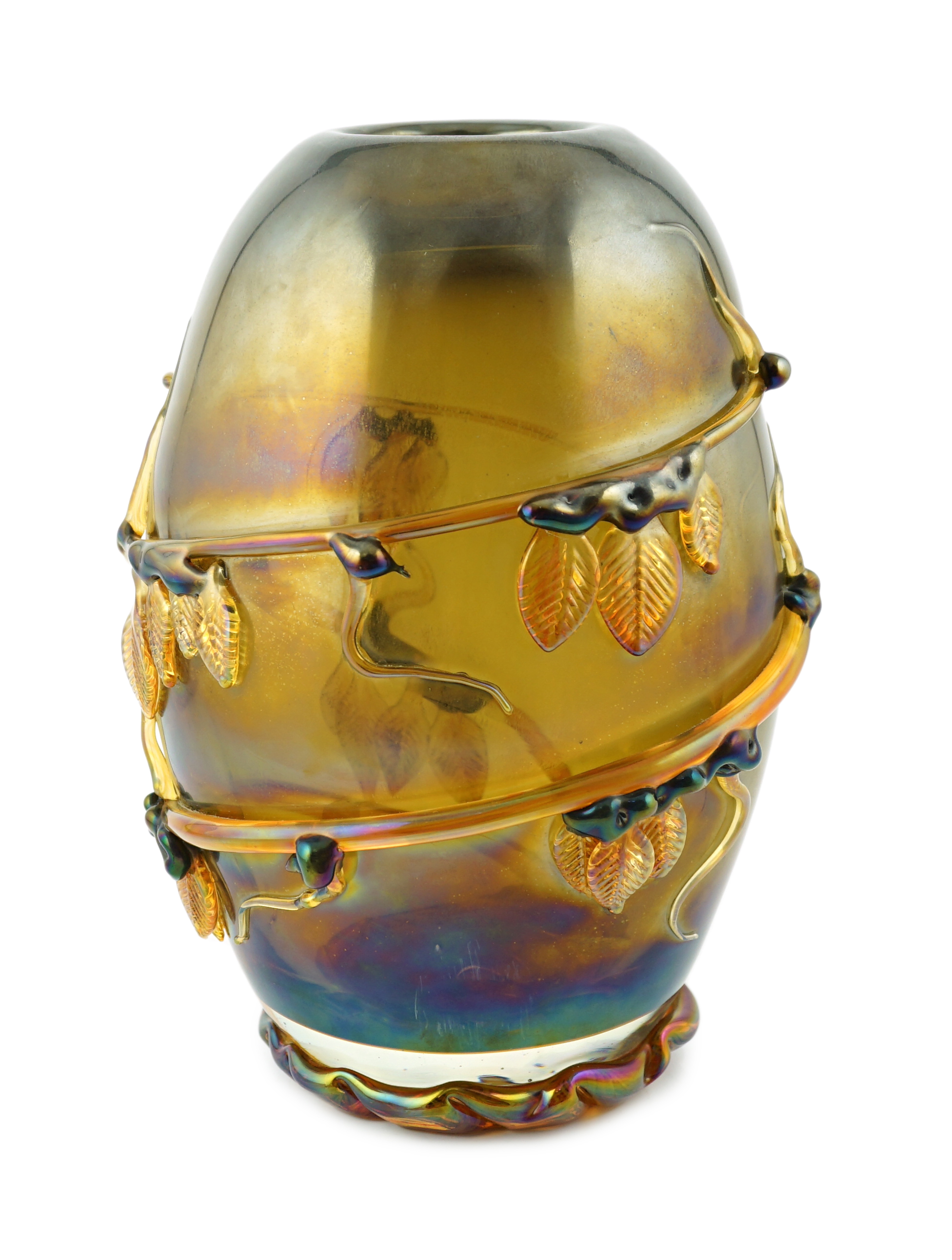 A Murano amber glass ovoid shaped vase, entwined with leaves